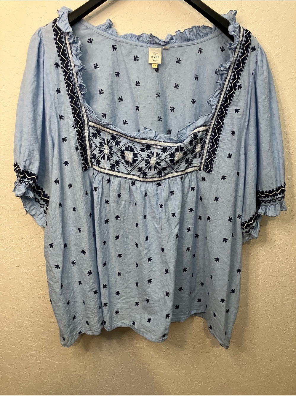 Light Blue Embroidered Peasant Blouse with Navy Trim